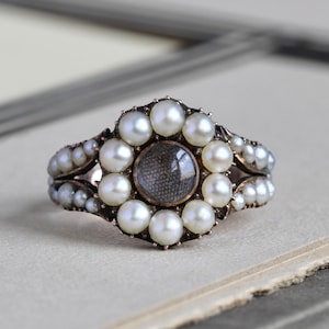 Georgian Pearl Halo Ring with Woven Hair, Antique Regency Jewelry Circa 1820