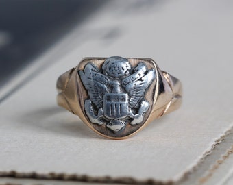 Vintage Womens Army Corps Signet Ring, WWII Era 14k Yellow Gold & Sterling Nurse Military Eagle Insignia Seal