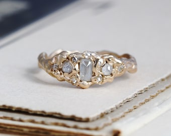 Handmade Opalescent Rose Cut Diamond Branch Ring, Organic Design Stacking Band