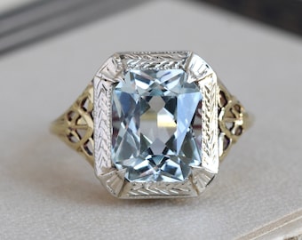 Art Deco Aquamarine Ring, Two Tone 14k Gold Filigree