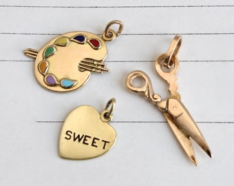 Vintage 14k Gold Charms - Scissors, Sweet Heart & Artist Paint Palette Charm