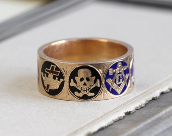 Antique 14k Enameled Masonic Symbol Ring with Skull & Crossbones