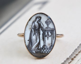 Antique Georgian Mourning Ring, 14k Sepia Miniature Painting Dated 1780