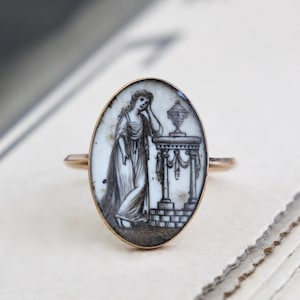 Antique Georgian Mourning Ring, 14k Sepia Miniature Painting Dated 1780