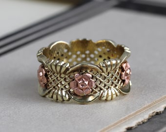 Retro 14k Rose & Yellow Gold Lattice Rose Wedding Band