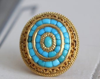 Victorian 14k Turquoise Pavé Ring, Antique Gold Statement Jewelry, December Birthstone