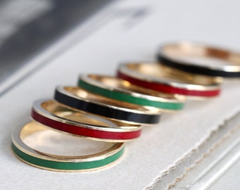 Vintage 14k Enamel Stacking Band, Red Green Black Gold Guard Ring