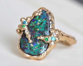 Organic Style 14k Boulder Opal Branch Ring, Handmade Multistone Statement