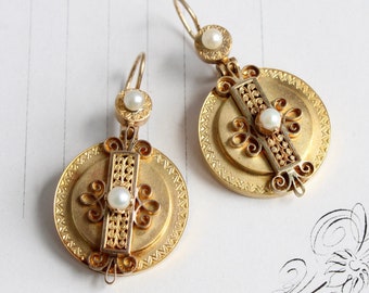 Antique Victorian 21k Gold & Pearl Disc Earrings