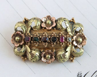 Georgian Acrostic REGARD Brooch, 14k Multi Gemstone Love Token Pin