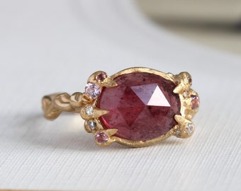 Branch Style 14k Rose Cut Ruby, Sapphire, Spinel & Diamond Ring