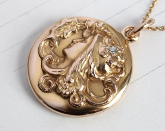 Art Nouveau 14k Gold & Diamond Locket Necklace with Alphonse Mucha Style Lady