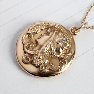 Art Nouveau 14k Gold & Diamond Locket Necklace with Alphonse Mucha Style Lady