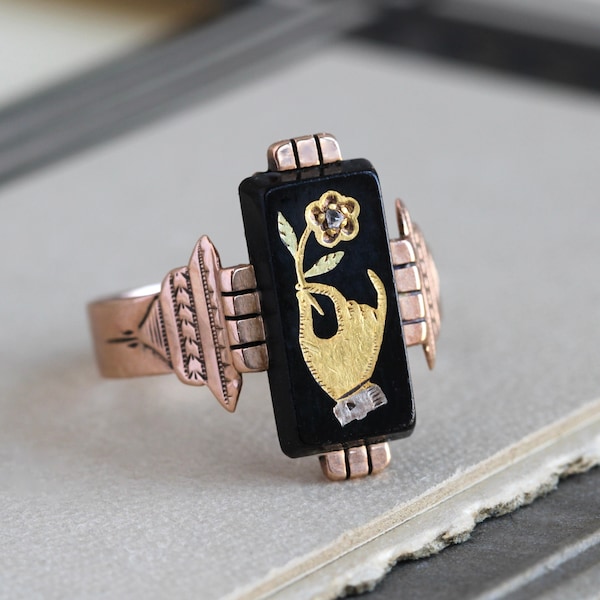 Victorian 14k Gold Foiled Onyx Intaglio with Rose Cut Diamond Ring