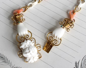 Victorian Carved Coral Hand & Bacchus Cameo Bracelet in 18k