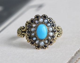 Antique Georgian 14k Turquoise Paste & Pearl Halo Ring, Regency Jewelry