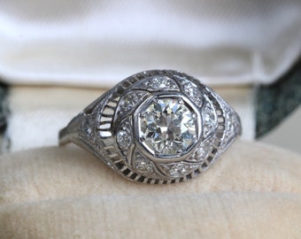 Vintage 1 ct Old European Cut Diamond Ring in 14k White Gold Filigree, Appraisal Included