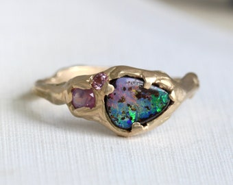 Handmade Boulder Opal Ring, 18k with Pink Sapphire & Spinel Accents