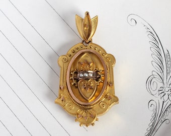 Victorian 14k Gold & Pearl Locket, Etruscan Revival Heart Motif, Engravable Jewelry