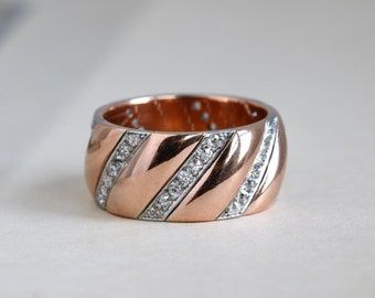 Vintage 14k Rose Gold & Platinum Diamond Band, Retro Mid Century Wide Statement Wedding Ring