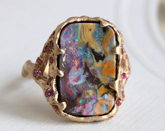 Custom Made Boulder Opal Statement Ring, 14k with Pink Sapphire & Spinel Accents