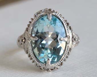 Art Deco Blue Topaz Ring, 14k White Gold Filigree