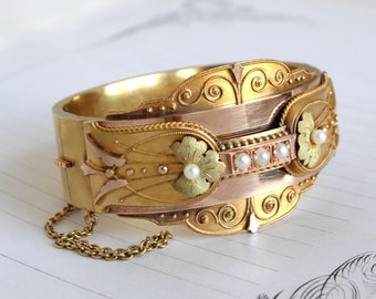 Victorian 21k Tri Color Gold & Pearl Bangle, Wide Antique Etruscan Revival Statement Bracelet