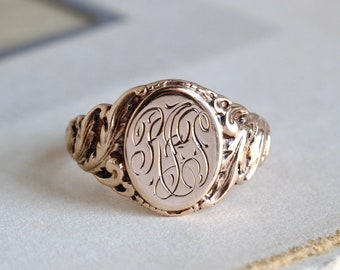 Antique Rose Gold Signet Ring, 14k Engraved Initial Monogram R.J.F.