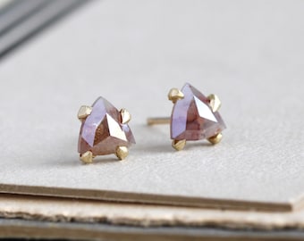 Handmade 14k Pink Rose Cut Diamond Triangle Stud Earrings