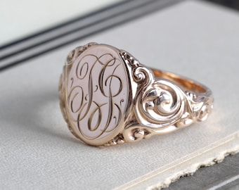 Antique Signet Ring, 14k Rose Gold, Engraved Initial Monogram F.G.