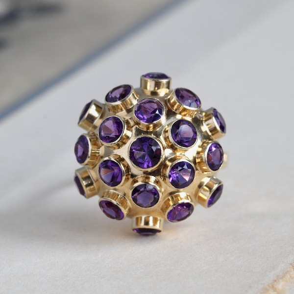 Vintage 18k Gold & Amethyst Sputnik Ring, Mid Century Statement Cocktail Ring, H. Stern Signed