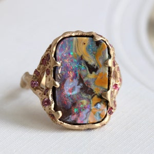 Custom Made Boulder Opal Statement Ring, 14k with Pink Sapphire & Spinel Accents