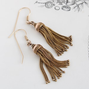 Victorian 14k Gold Long Tassel Earrings, Antique Statement Jewelry