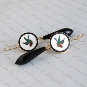 Antique 14k Mosaic Bird Earrings, Victorian Pietra Dura & Jet Drop