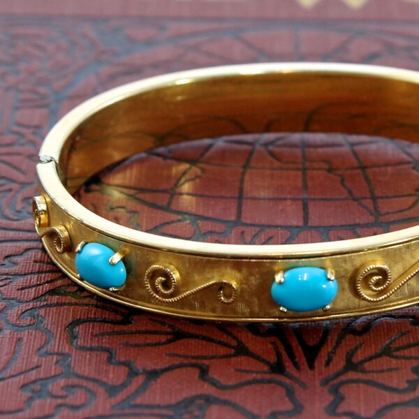 Vintage Victorian Revival Gold Filled Turquoise Bangle, Circa 1950 Krementz Filigree Scrolls and Genuine Turquoise Cabochon Bracelet