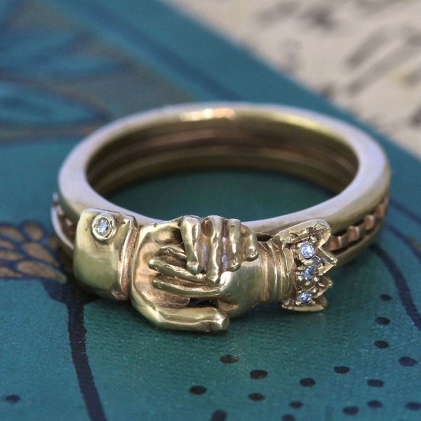 Handmade Fede Gimmel Ring, 14k & Diamonds, Hands Clasped with Hidden Heart