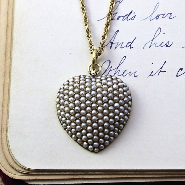 Victorian Heart Pendant, Antique 14k Yellow Gold & Seed Pearl Necklace