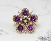 Antique Amethyst Pearl Ring, Victorian 18k Yellow Gold Sunburst Star Flower, Bohemian Statement Cocktail Ring Jewelry