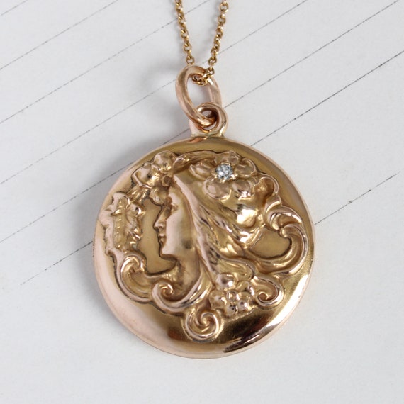 Art Nouveau 14k Gold & Diamond Locket Necklace wi… - image 2