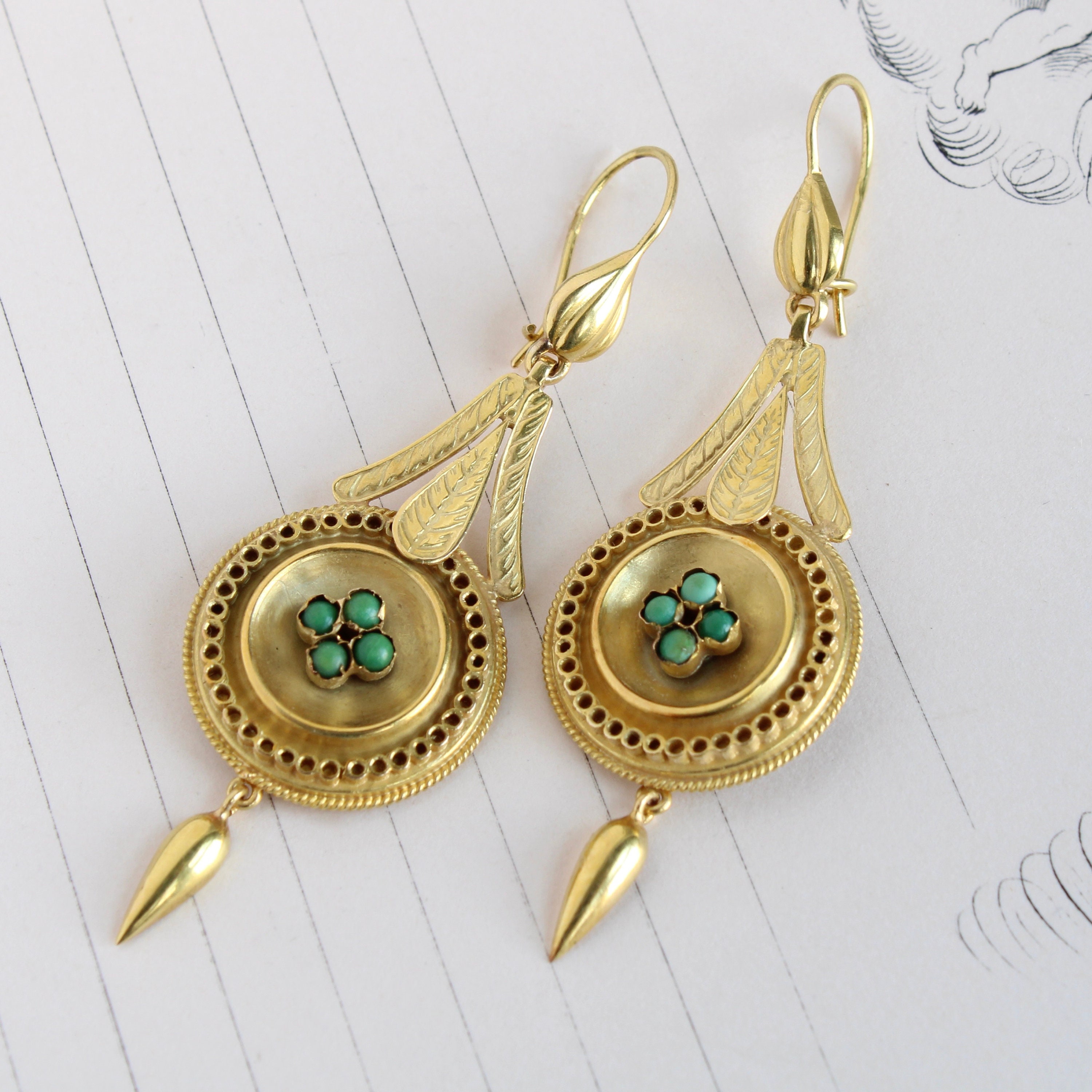 Antique 14k Gold Turquoise Pendant Earrings Etsy
