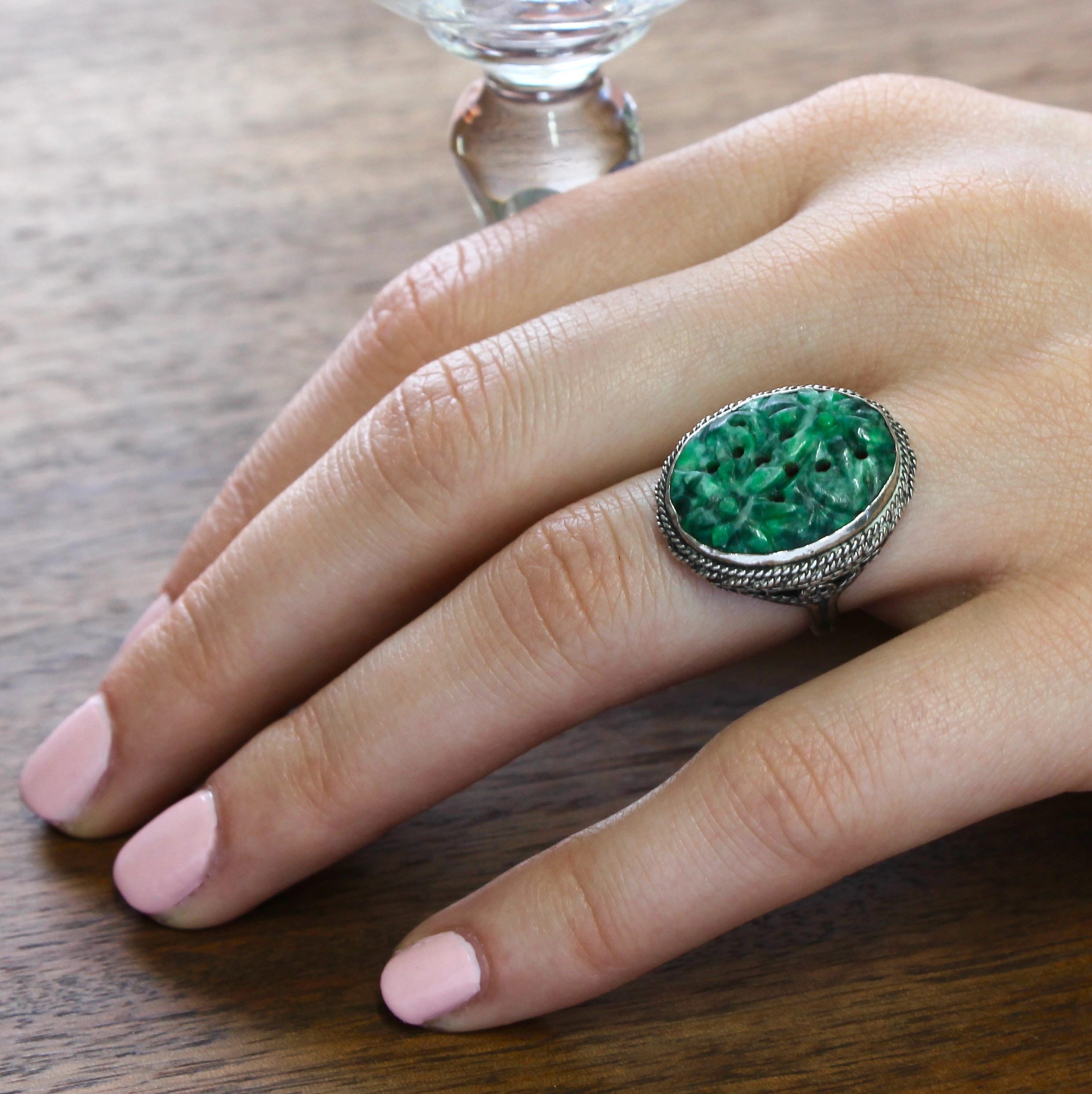 1920s sieraden jaren 1920 ring Sieraden Ringen Statementringen vintage sieraden Vintage Jade glazen ring Aziatische sieraden groene ring Chinese jade glas art deco ring ring R132 