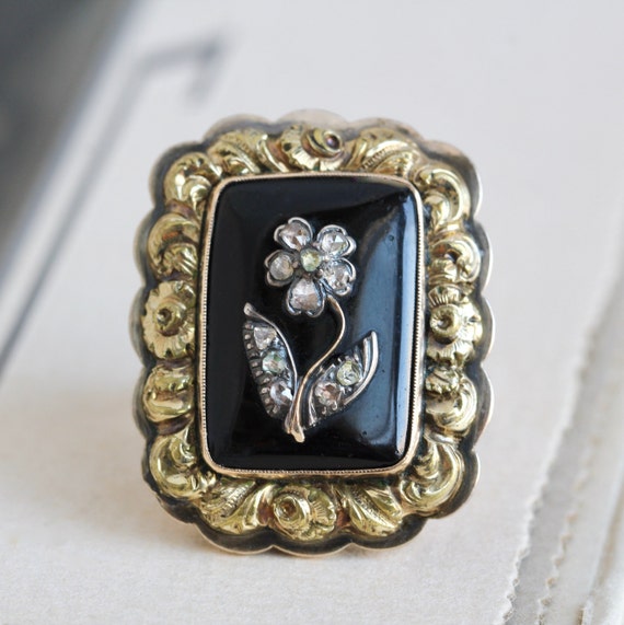 Victorian Diamond & Black Onyx Pansy Ring, Antique