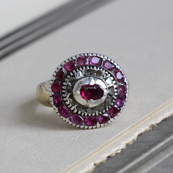 Georgian Ruby & Rose Cut Diamond Ring, Antique Ci… - image 1