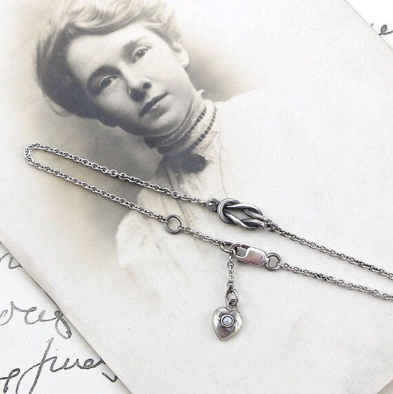 Handmade Love Knot Bracelet with Pearl Heart Charm, Sterling Silver