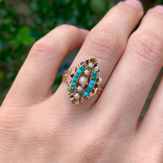 Victorian Pavé Turquoise & Pearl Ring, Antique 14… - image 6