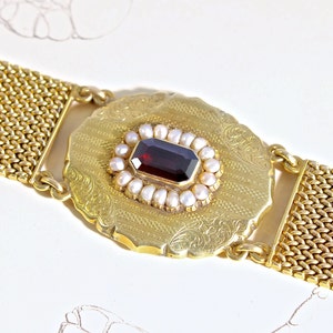 Victorian 14k Garnet & Pearl Watch Chain Bracelet, Antique January Birthstone Jewelry