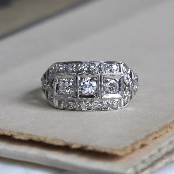 Antique Platinum Filigree Diamond Ring, Three Sto… - image 1