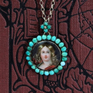 Victorian Miniature Portrait Locket, Antique Sterling Silver & Turquoise Necklace