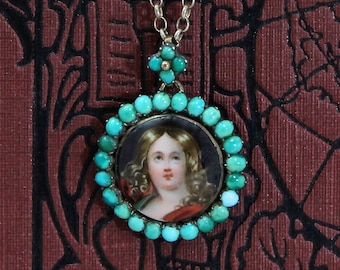 Victorian Miniature Portrait Locket, Antique Sterling Silver & Turquoise Necklace