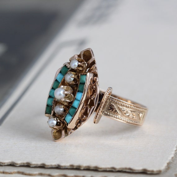 Victorian Pavé Turquoise & Pearl Ring, Antique 14… - image 5